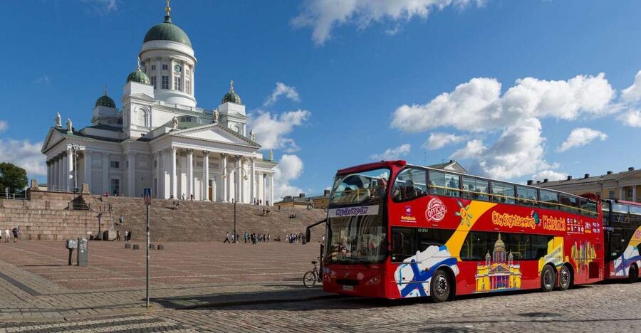 Helsinki: City Sightseeing Hop-On Hop-Off Bus Tour - Open-top views, headphones, and rainy weather