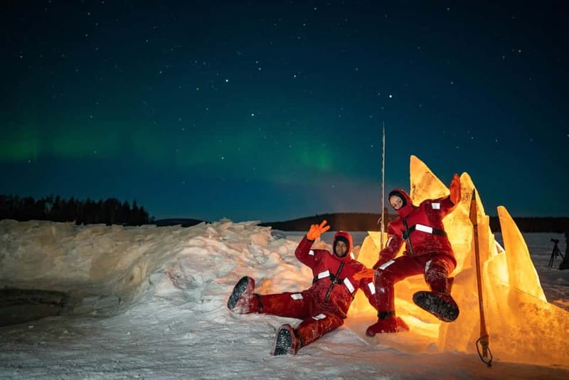 Rovaniemi: Ice Floating in Forest Lake with Aurora Borealis - Getting into the floating suit